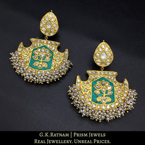 23k Gold and Diamond Polki Long Earring Pair with Turquoise stones and antiqued hyderabadi pearls