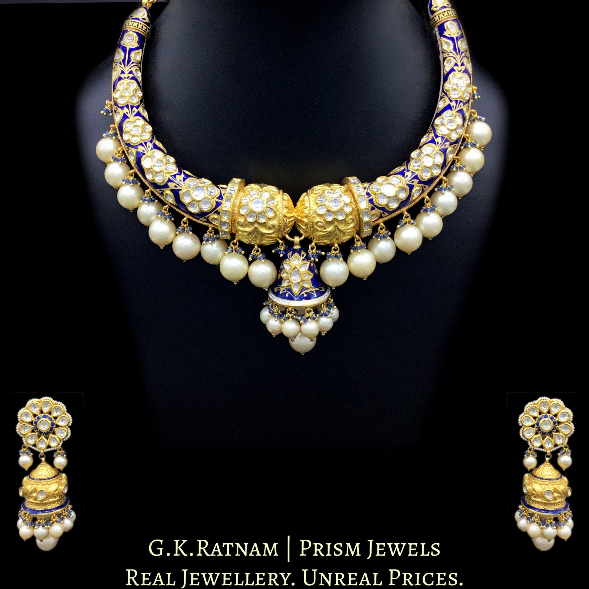 22k Gold and Diamond Polki blue enamel Hustlie Necklace Set with Natural South Sea Pearls - G. K. Ratnam