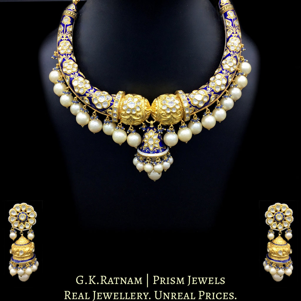 22k Gold and Diamond Polki blue enamel Hustlie Necklace Set with Natural South Sea Pearls - G. K. Ratnam