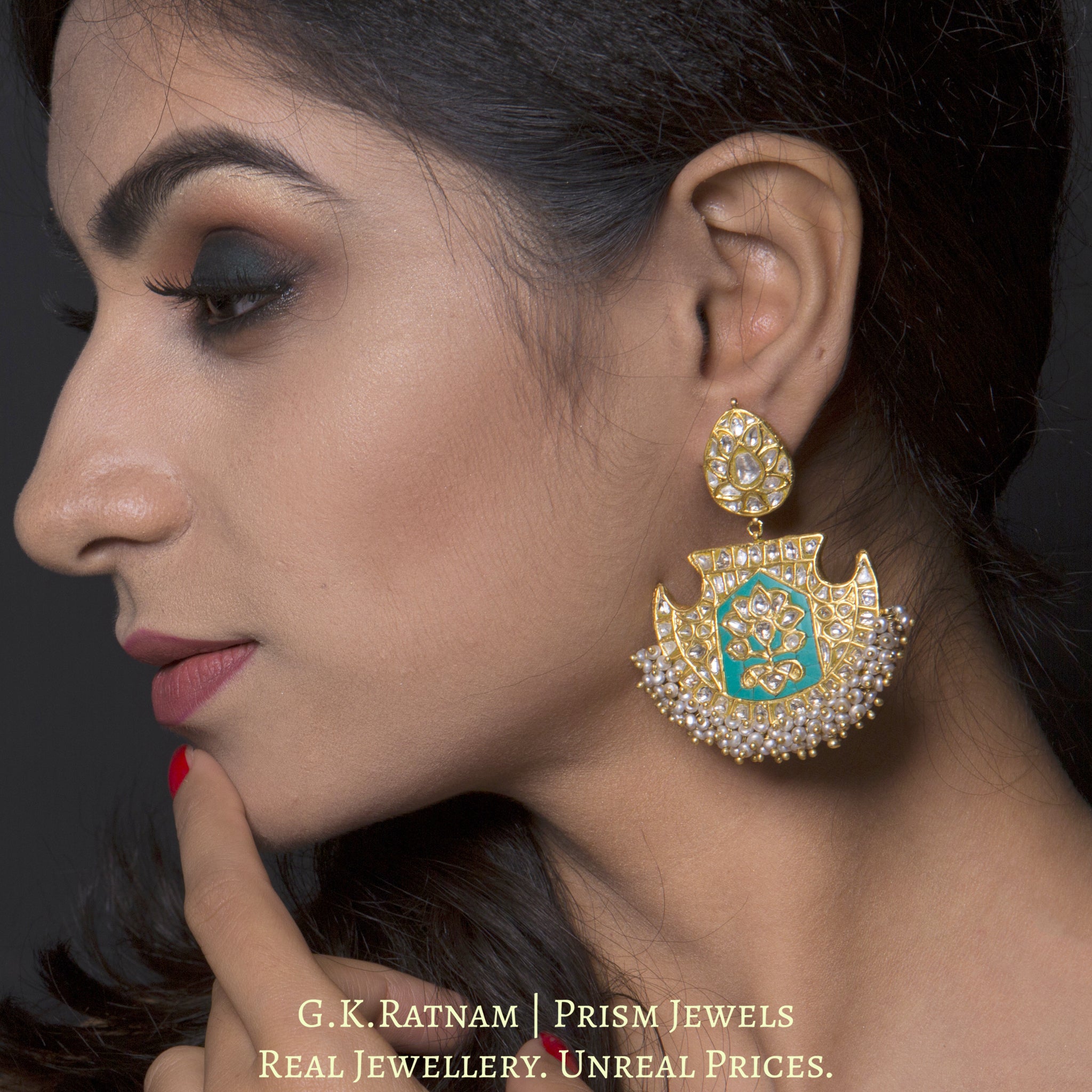 23k Gold and Diamond Polki Long Earring Pair with Turquoise stones and antiqued hyderabadi pearls