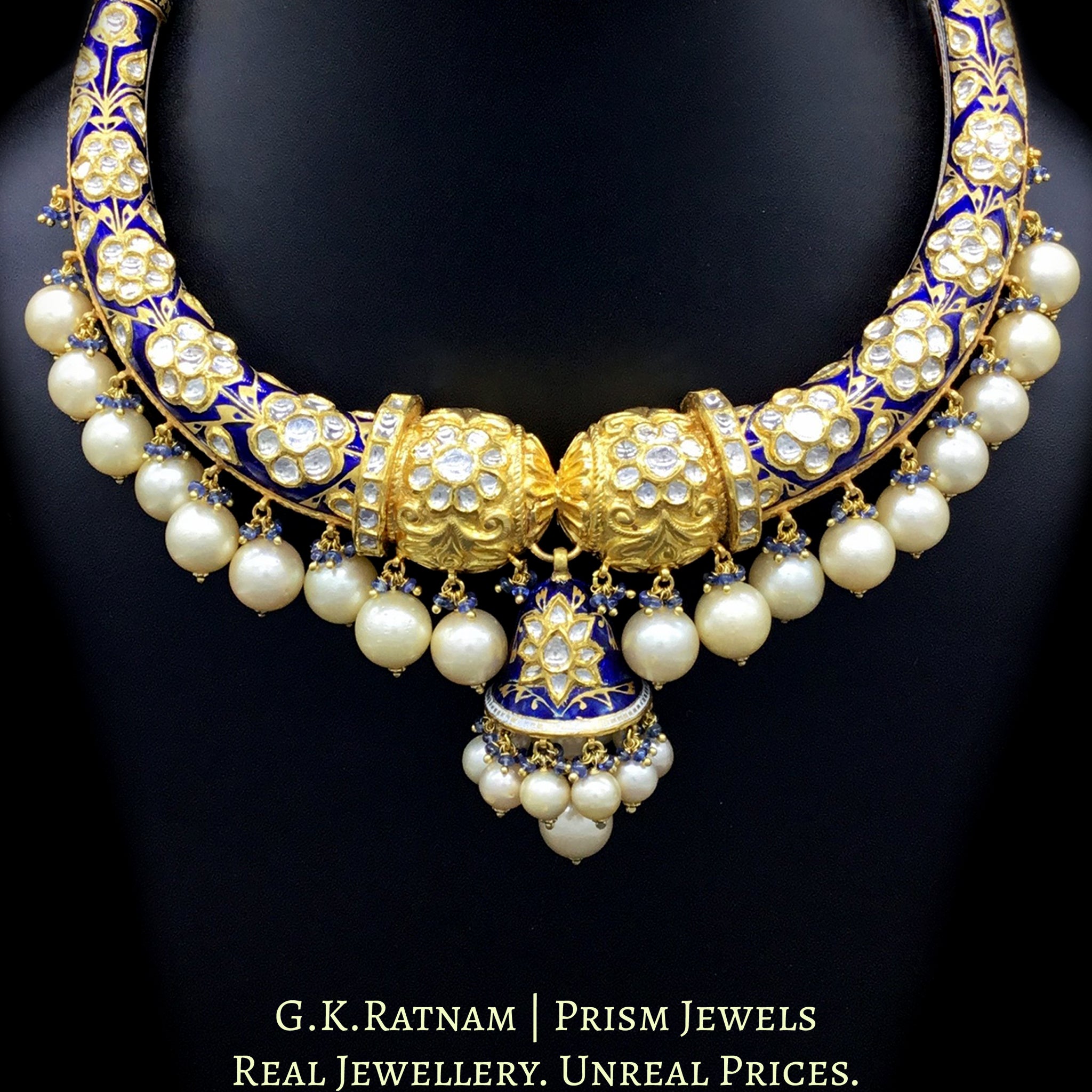 22k Gold and Diamond Polki blue enamel Hustlie Necklace Set with Natural South Sea Pearls - G. K. Ratnam
