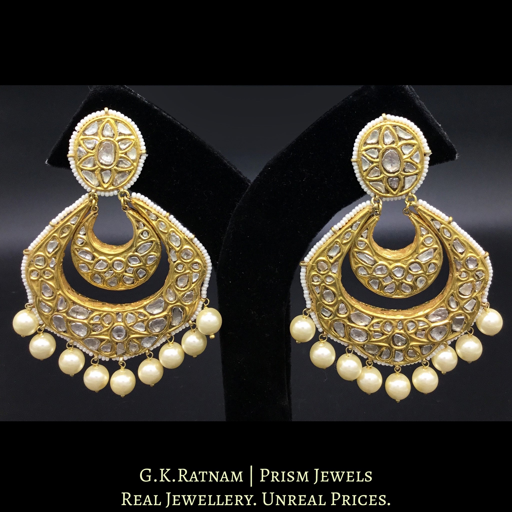 23k Gold and Diamond Polki multi-layered Chand Bali Earring Pair with pearl hangings