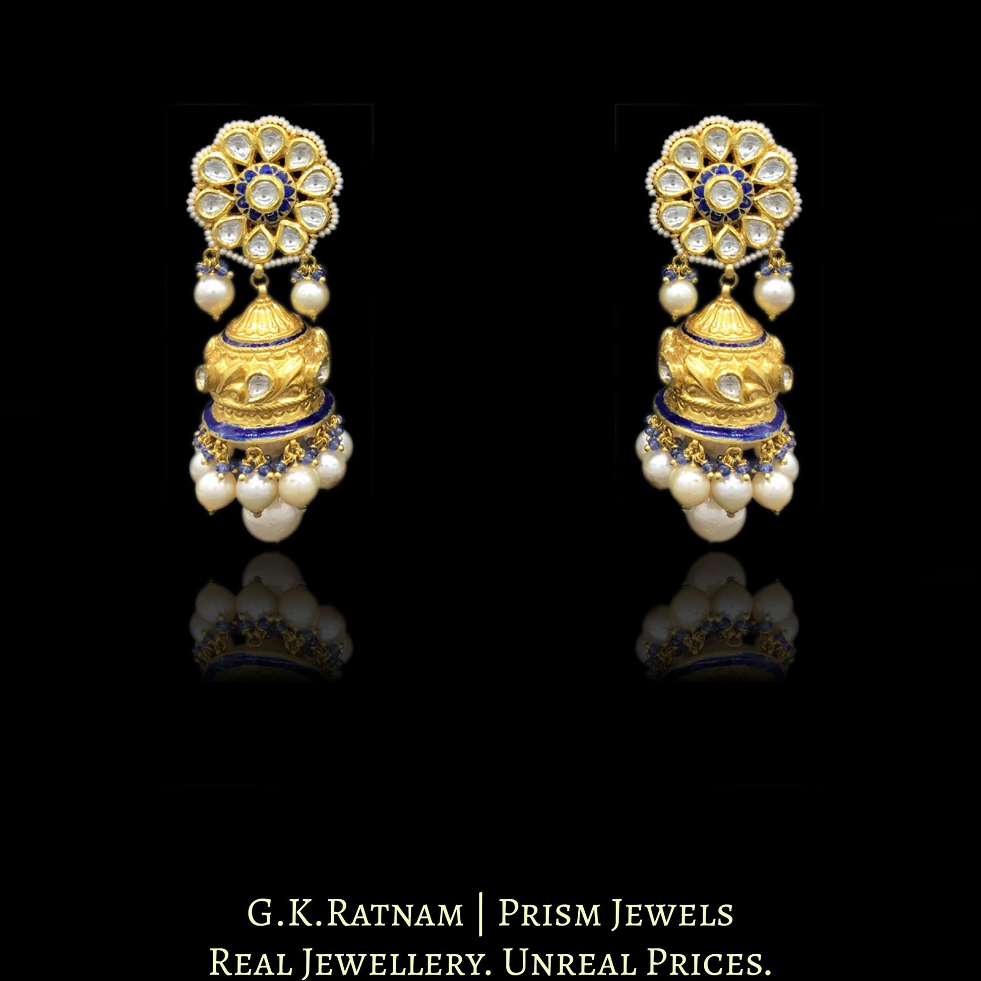 22k Gold and Diamond Polki blue enamel Hustlie Necklace Set with Natural South Sea Pearls - G. K. Ratnam