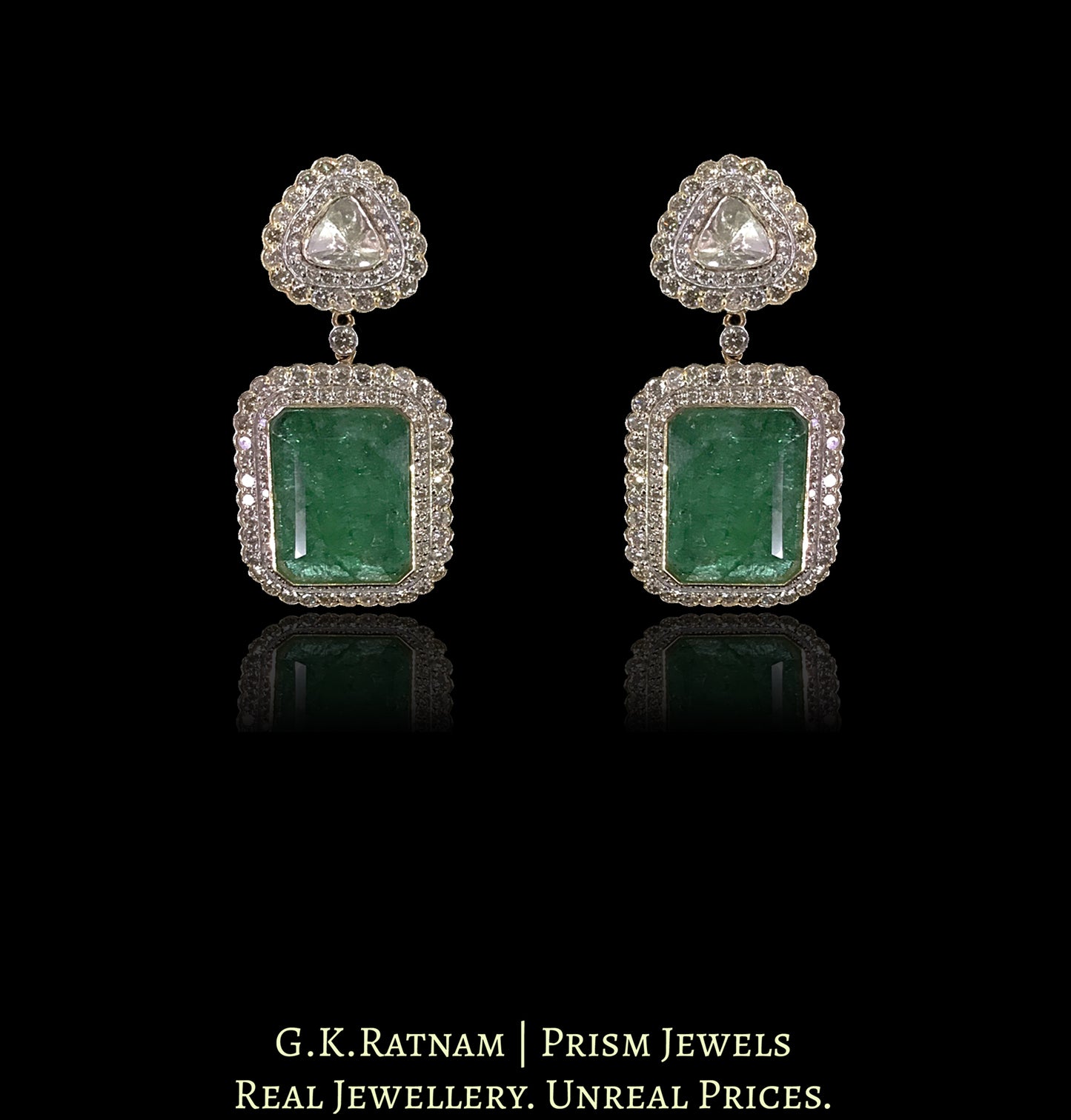 18k Gold and Diamond Polki Open setting Earring Pair with emerald-grade Green Beryls - G. K. Ratnam