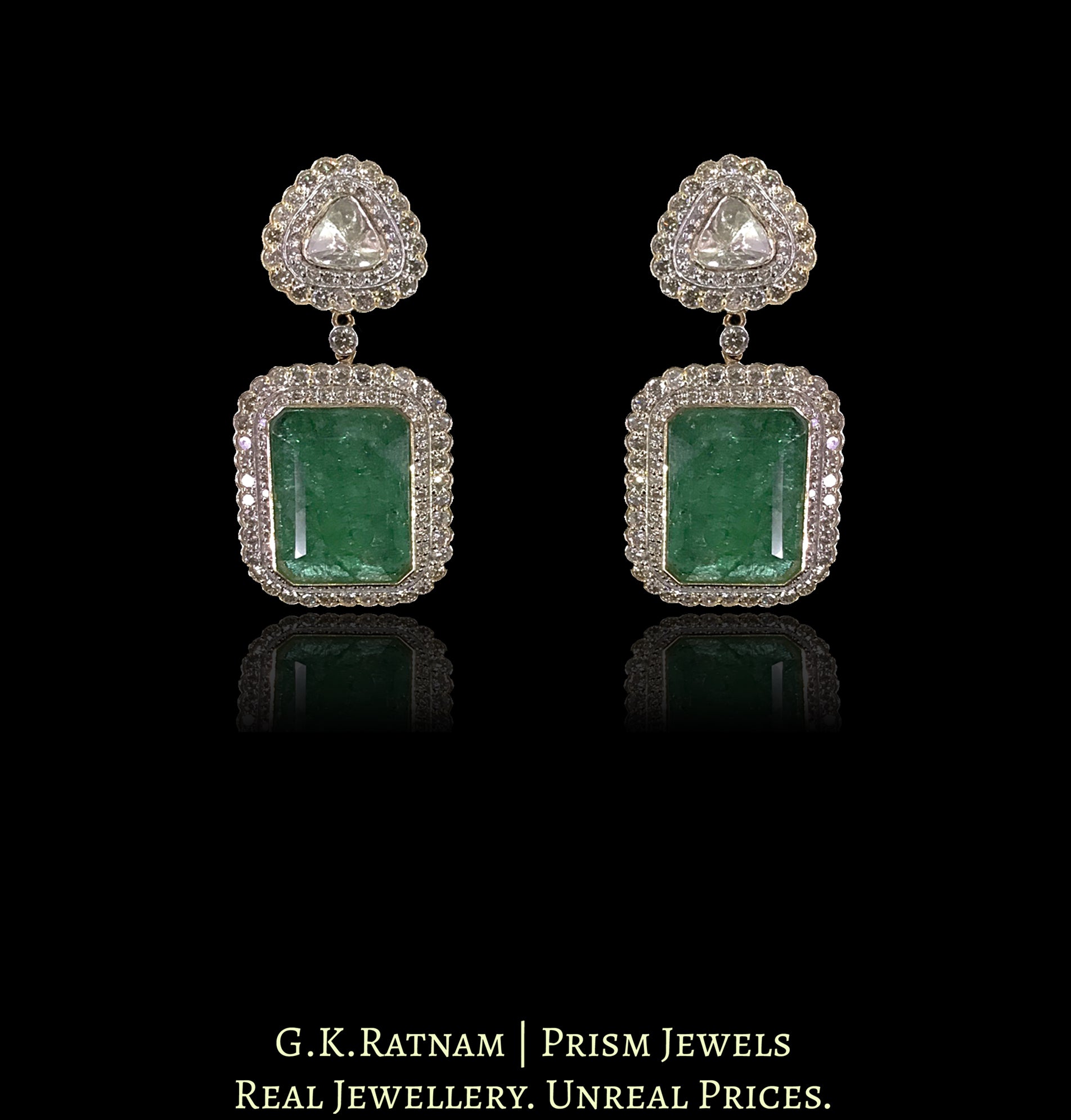 18k Gold and Diamond Polki Open setting Earring Pair with emerald-grade Green Beryls - G. K. Ratnam