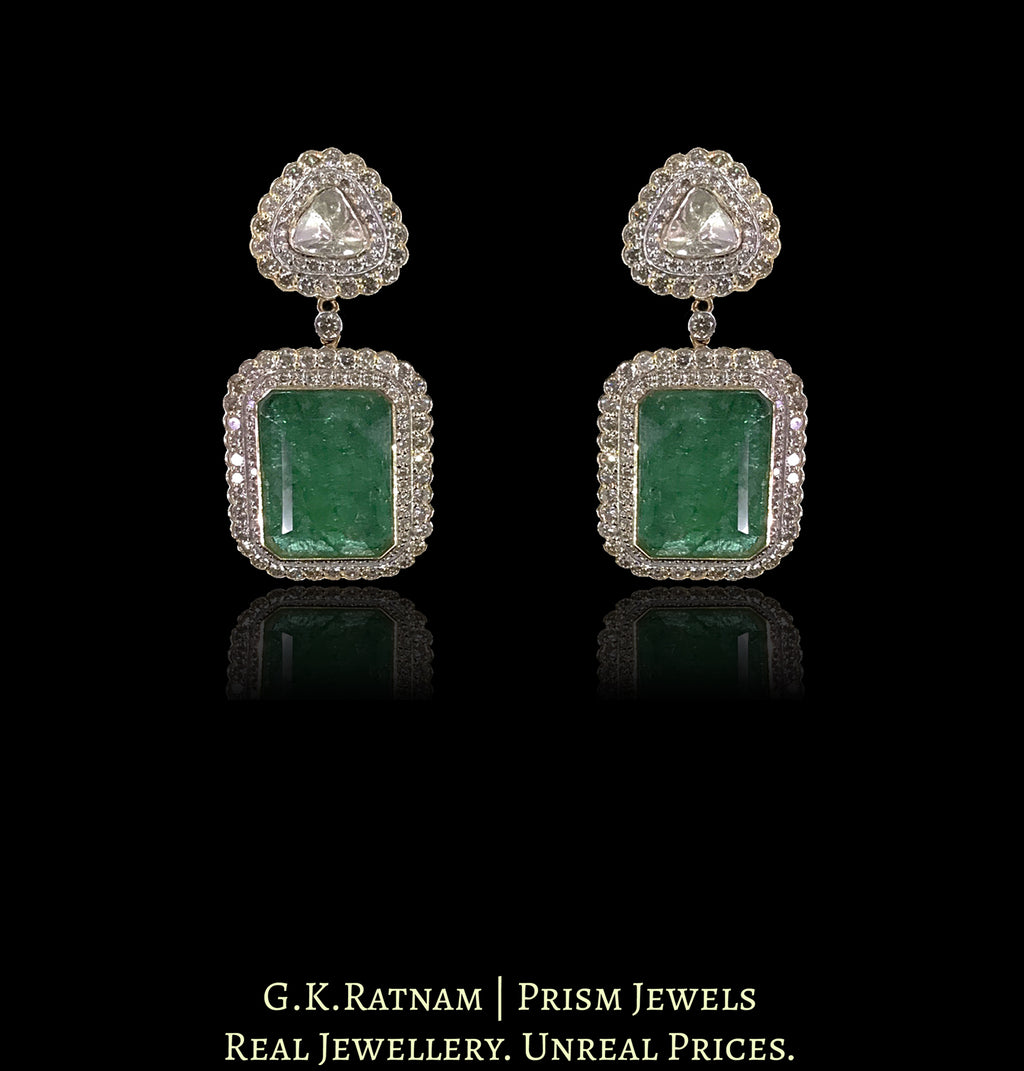 18k Gold and Diamond Polki Open setting Earring Pair with emerald-grade Green Beryls