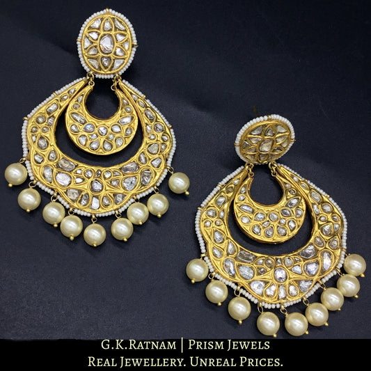 23k Gold and Diamond Polki multi-layered Chand Bali Earring Pair with pearl hangings