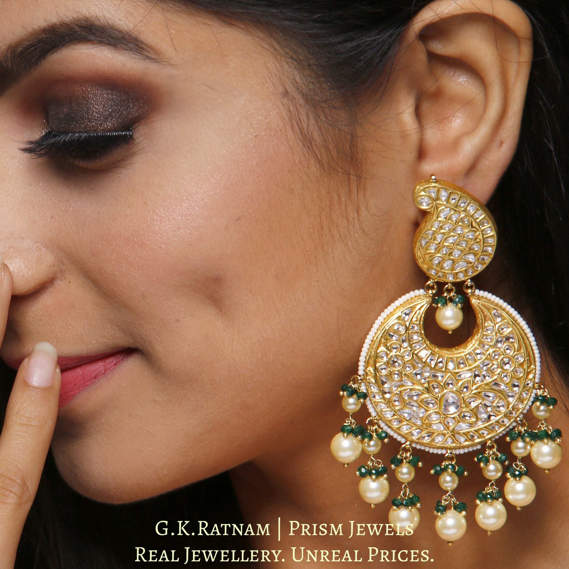 23k Gold and Diamond Polki Chand Bali Earring Pair with pearl chandeliers - G. K. Ratnam