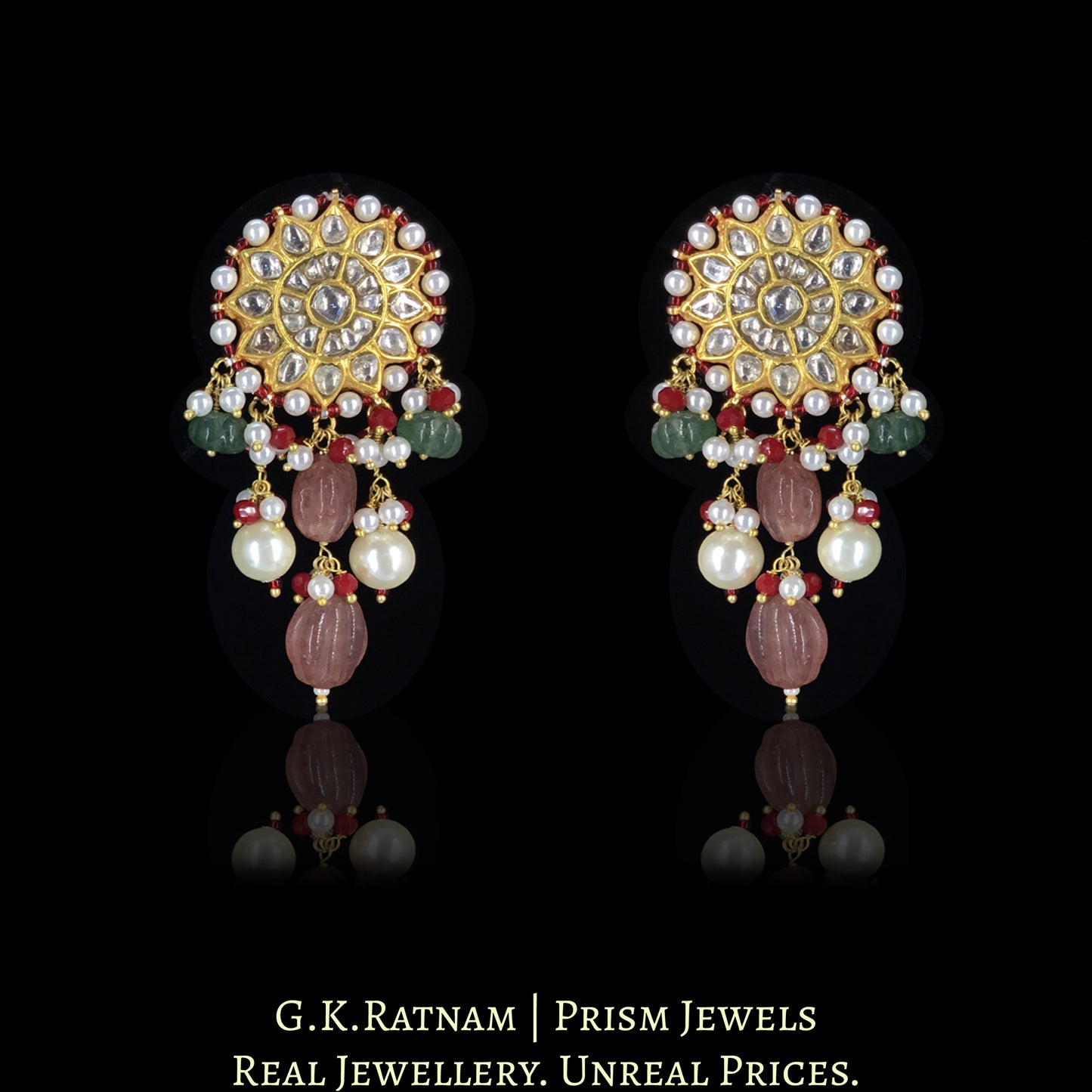 23k Gold and Diamond Polki Choker Necklace Set enhanced with hand-carved Strawberry Quartz Melons and Pearls - G. K. Ratnam