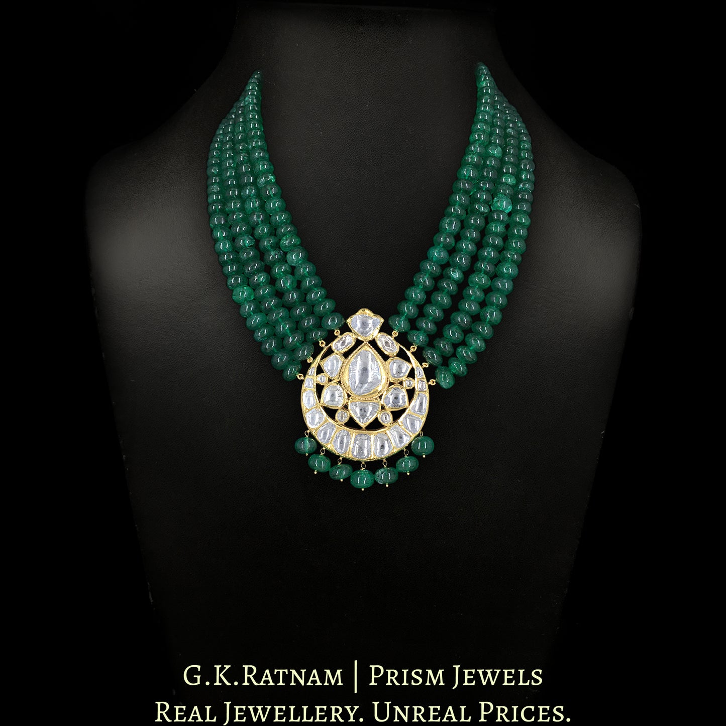 18k Gold and Diamond Polki Vintage Pendant with emerald-grade Beryls - G. K. Ratnam