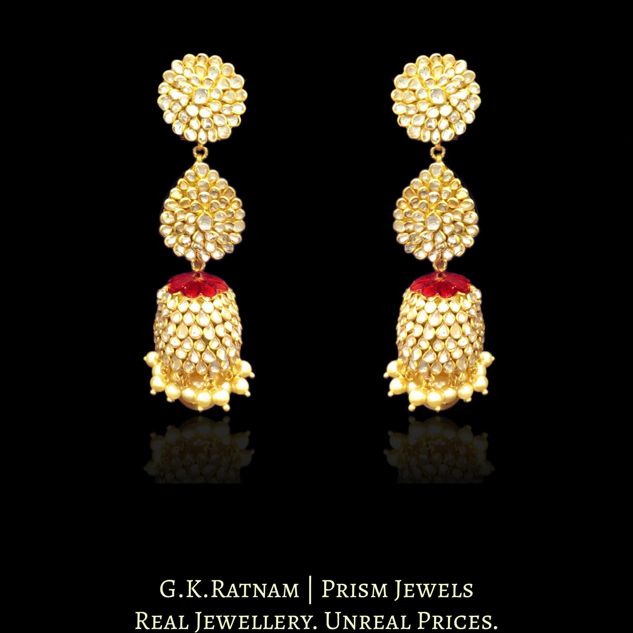 23k Gold and Diamond Polki three-tier Long Earring Pair with uncut pacchis - G. K. Ratnam
