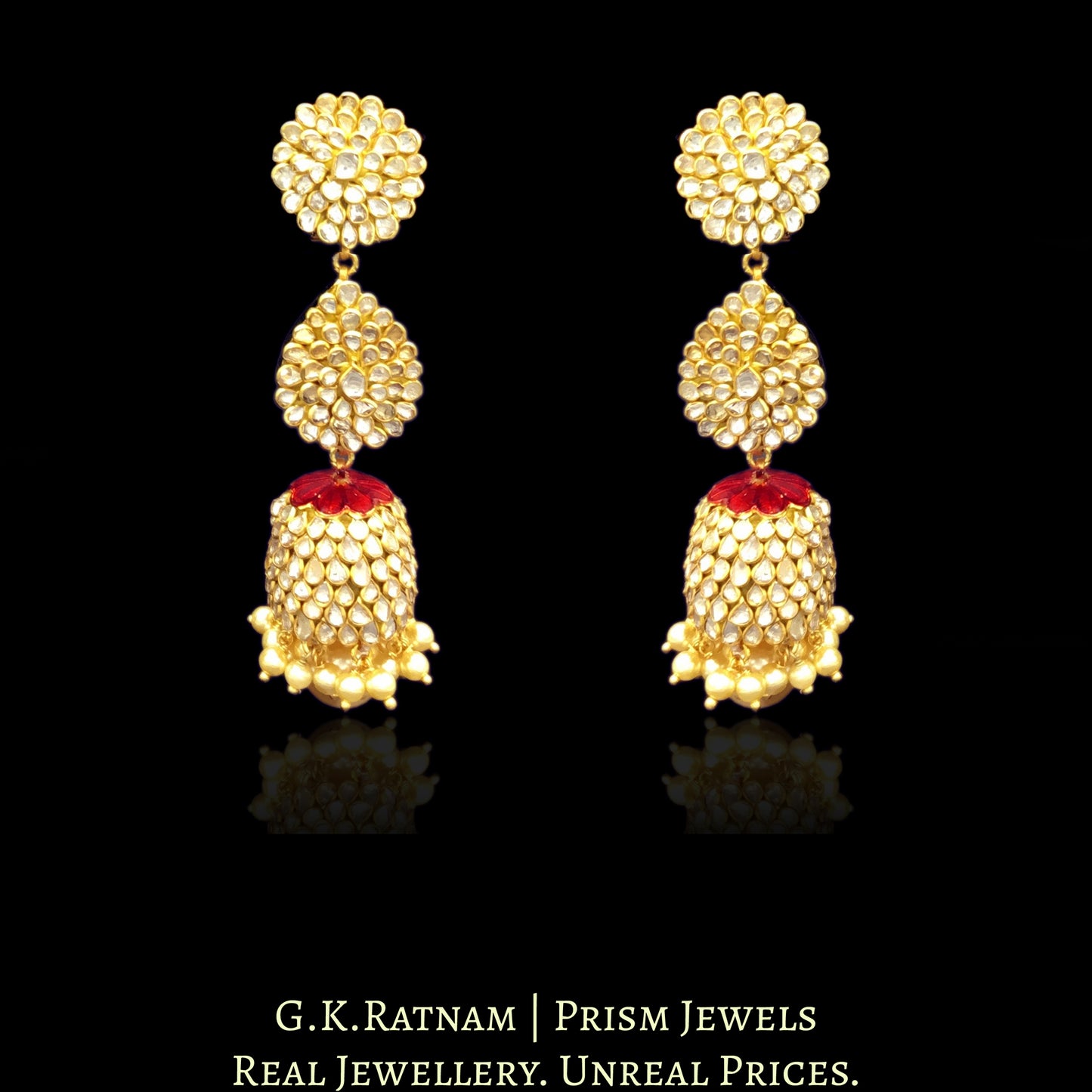 23k Gold and Diamond Polki three-tier Long Earring Pair with uncut pacchis - G. K. Ratnam