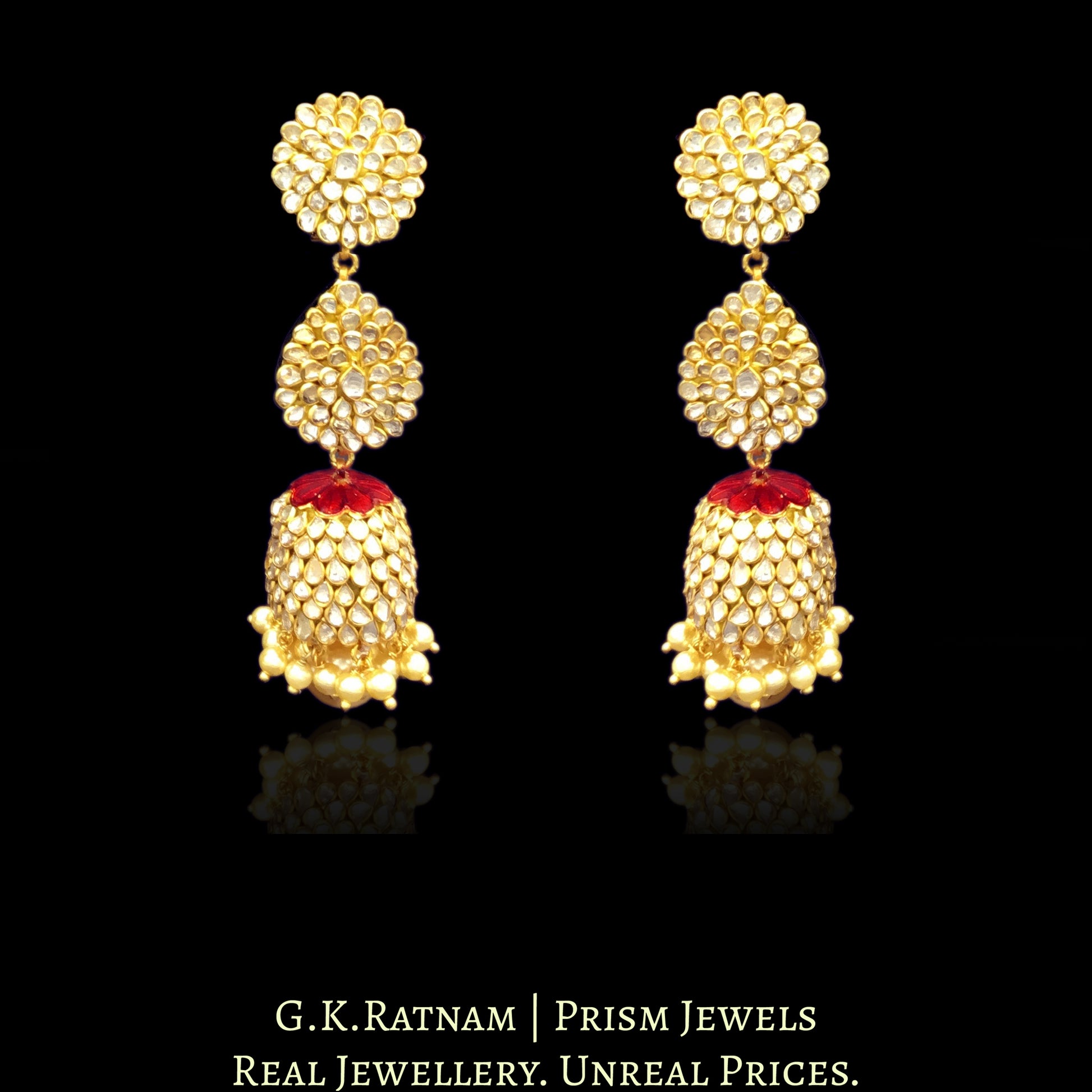 23k Gold and Diamond Polki three-tier Long Earring Pair with uncut pacchis - G. K. Ratnam