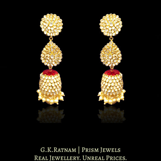 23k Gold and Diamond Polki three-tier Long Earring Pair with uncut pacchis - G. K. Ratnam