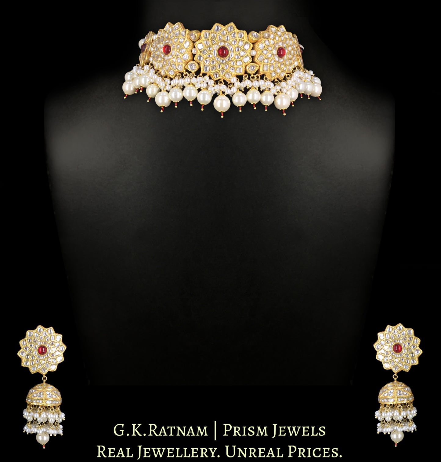 23k Gold and Diamond Polki Choker Necklace Set with ruby-center Starry Motifs