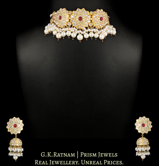 23k Gold and Diamond Polki Choker Necklace Set with ruby-center Starry Motifs