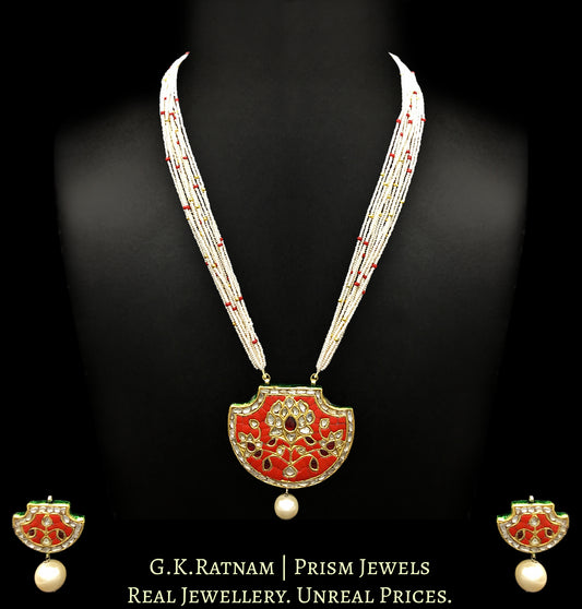 23k Gold and Diamond Polki Coral Pankhi (fan) Pendant Set strung with chid pearls - G. K. Ratnam