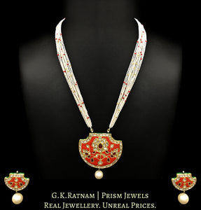 23k Gold and Diamond Polki Coral Pankhi (fan) Pendant Set strung with chid pearls - G. K. Ratnam