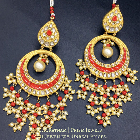 23k Gold and DIamond Polki Chand Bali Earring Pair with corals strung in chandelier style - G. K. Ratnam
