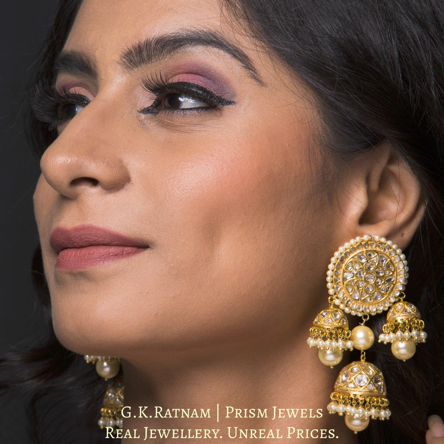 23k Gold and Diamond Polki pacchi Karanphool + 3 Jhumki Earring Pair with triple-coated shell pearls