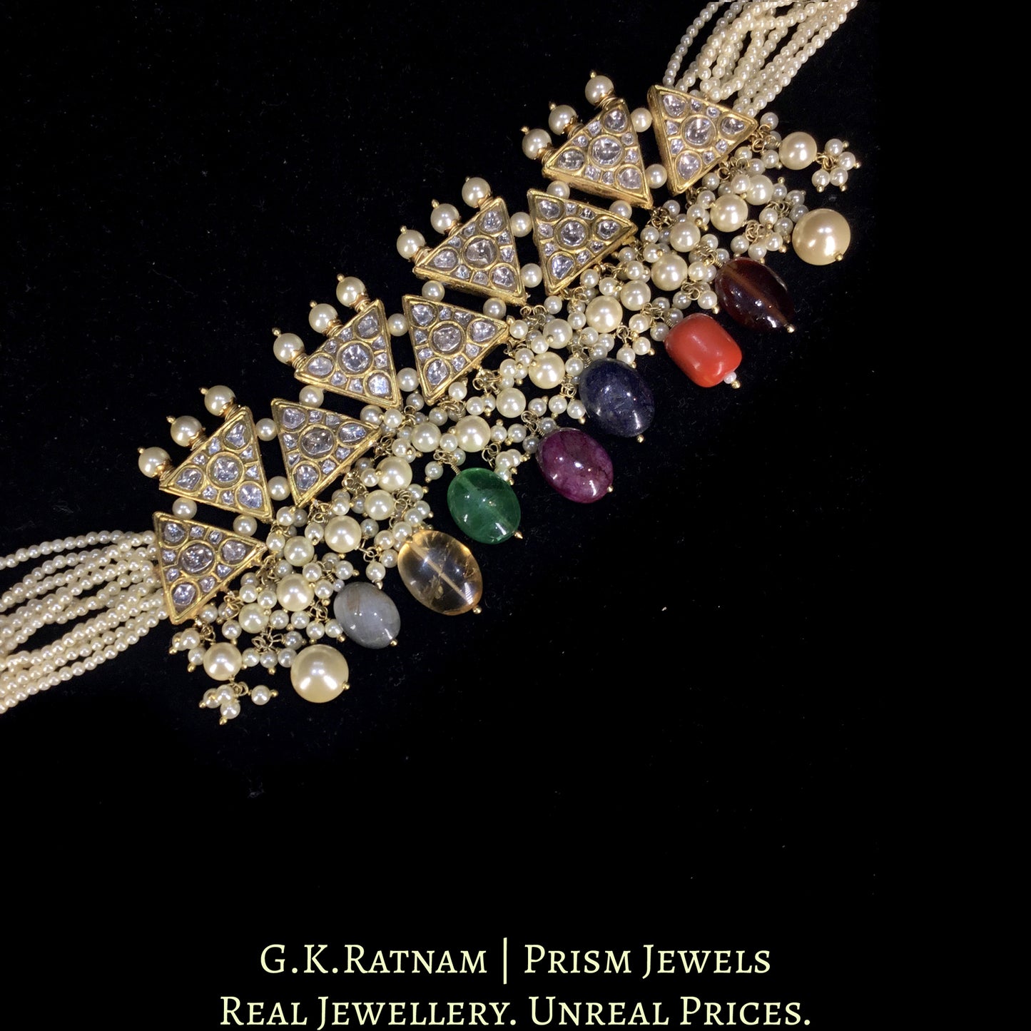 23k Gold and Diamond Polki Choker Necklace With Pearls and Navratna Hangings