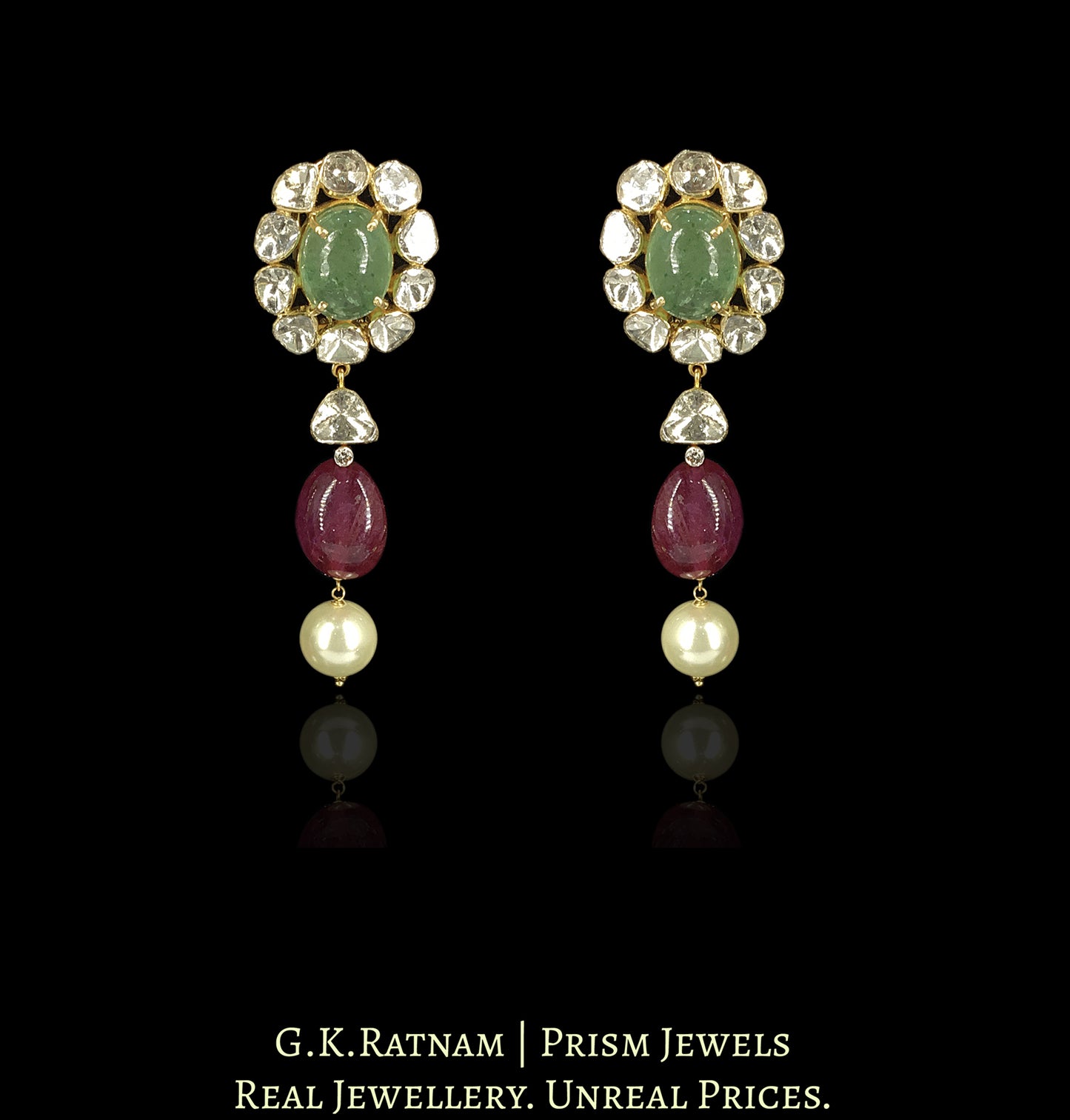 18k Gold and Diamond Polki Open Setting Necklace Set with Strawberry Quartz and Rubies