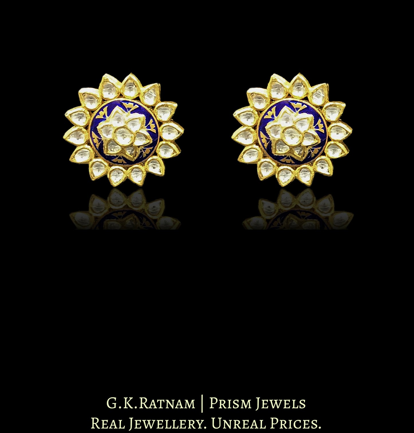 18k Gold and Diamond Polki Karnfool Pair with Blue Enamelling - G. K. Ratnam