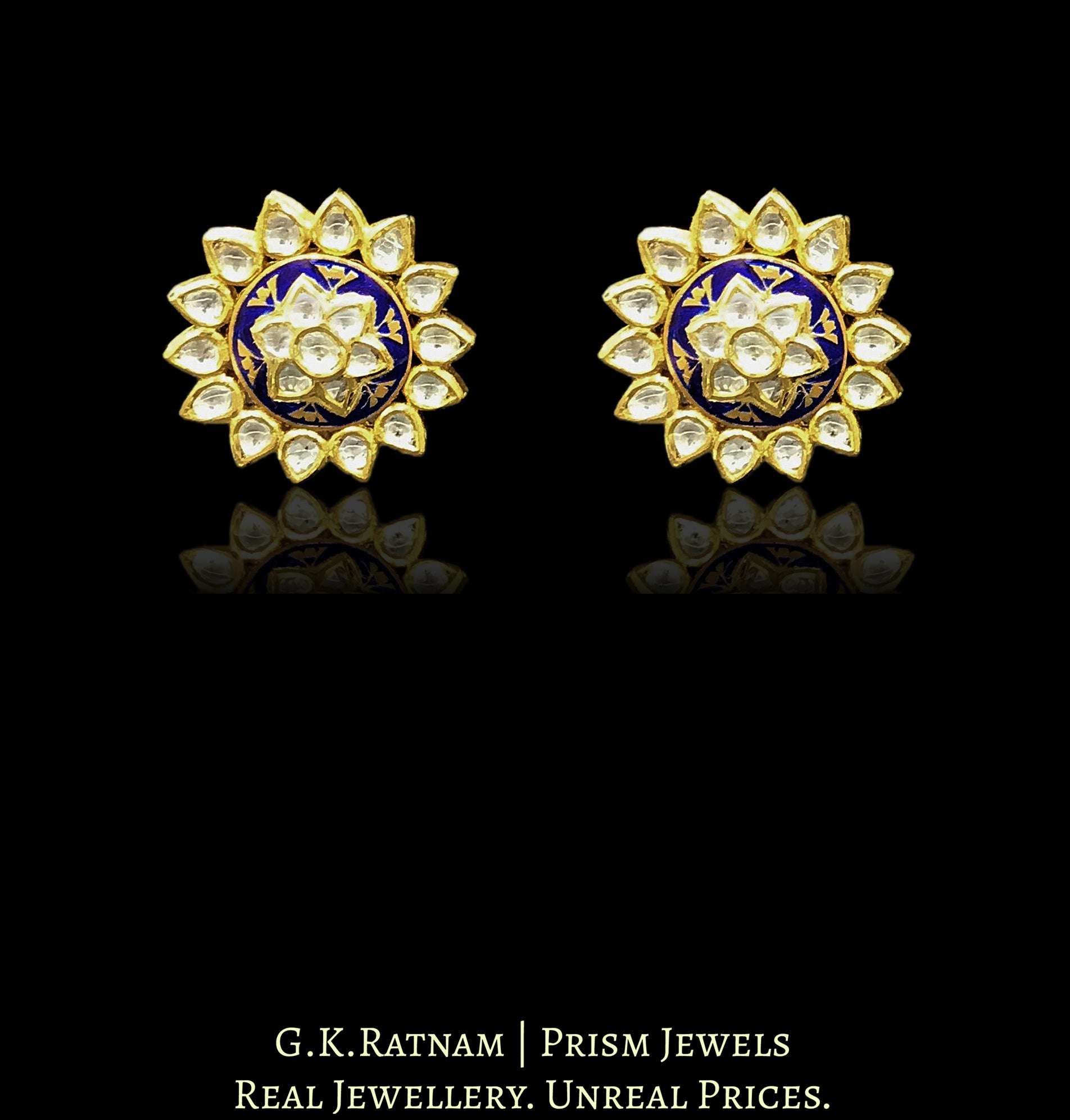 18k Gold and Diamond Polki Karnfool Pair with Blue Enamelling - G. K. Ratnam