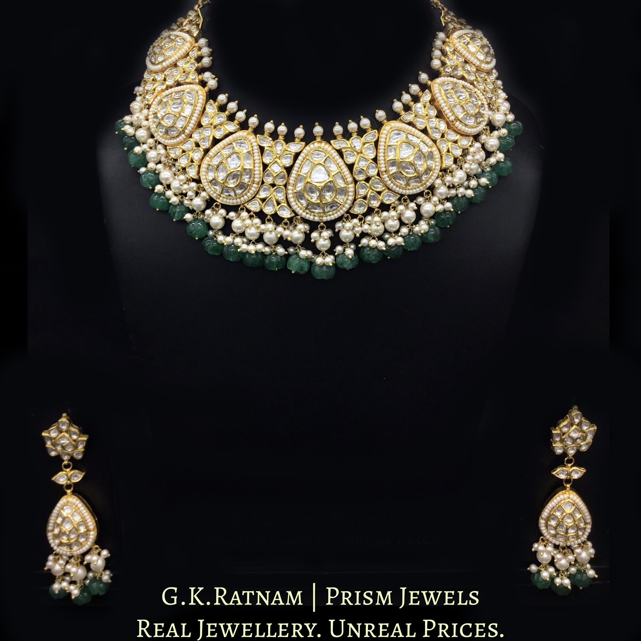 18k Gold and Diamond Polki Necklace Set With Pearls and emerald-green Carved Melons