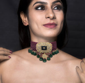 23k Gold and Diamond Polki Choker Necklace strung with Rubies and Green Beryl Melons