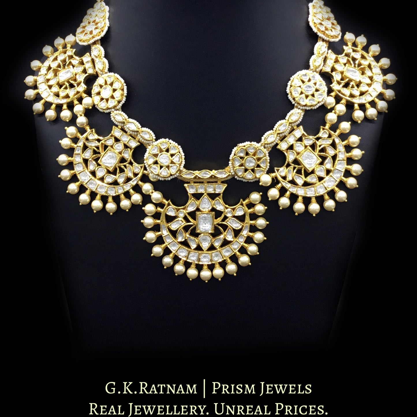 18k Gold and Diamond Polki Pankhi (fan) Necklace Set with Pearl Spikes - G. K. Ratnam