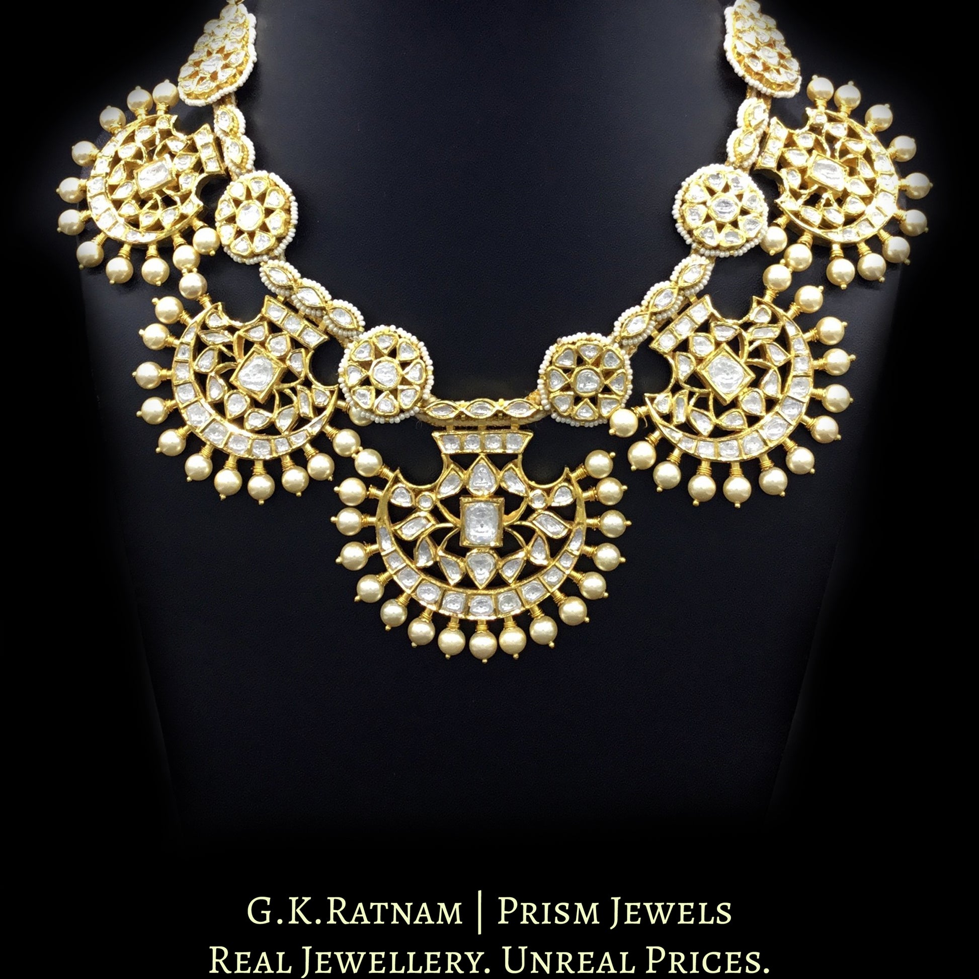 18k Gold and Diamond Polki Pankhi (fan) Necklace Set with Pearl Spikes - G. K. Ratnam