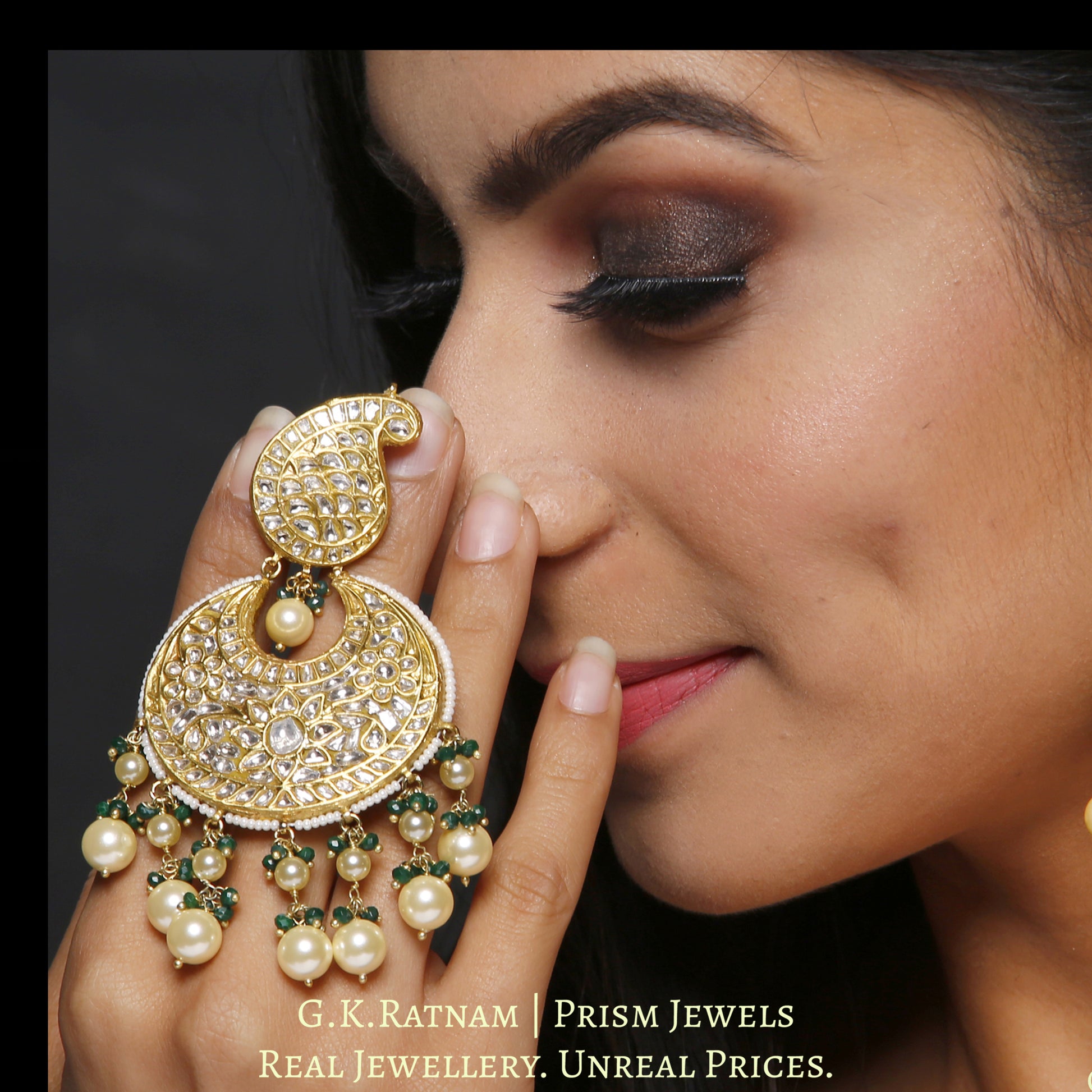 23k Gold and Diamond Polki Chand Bali Earring Pair with pearl chandeliers - G. K. Ratnam