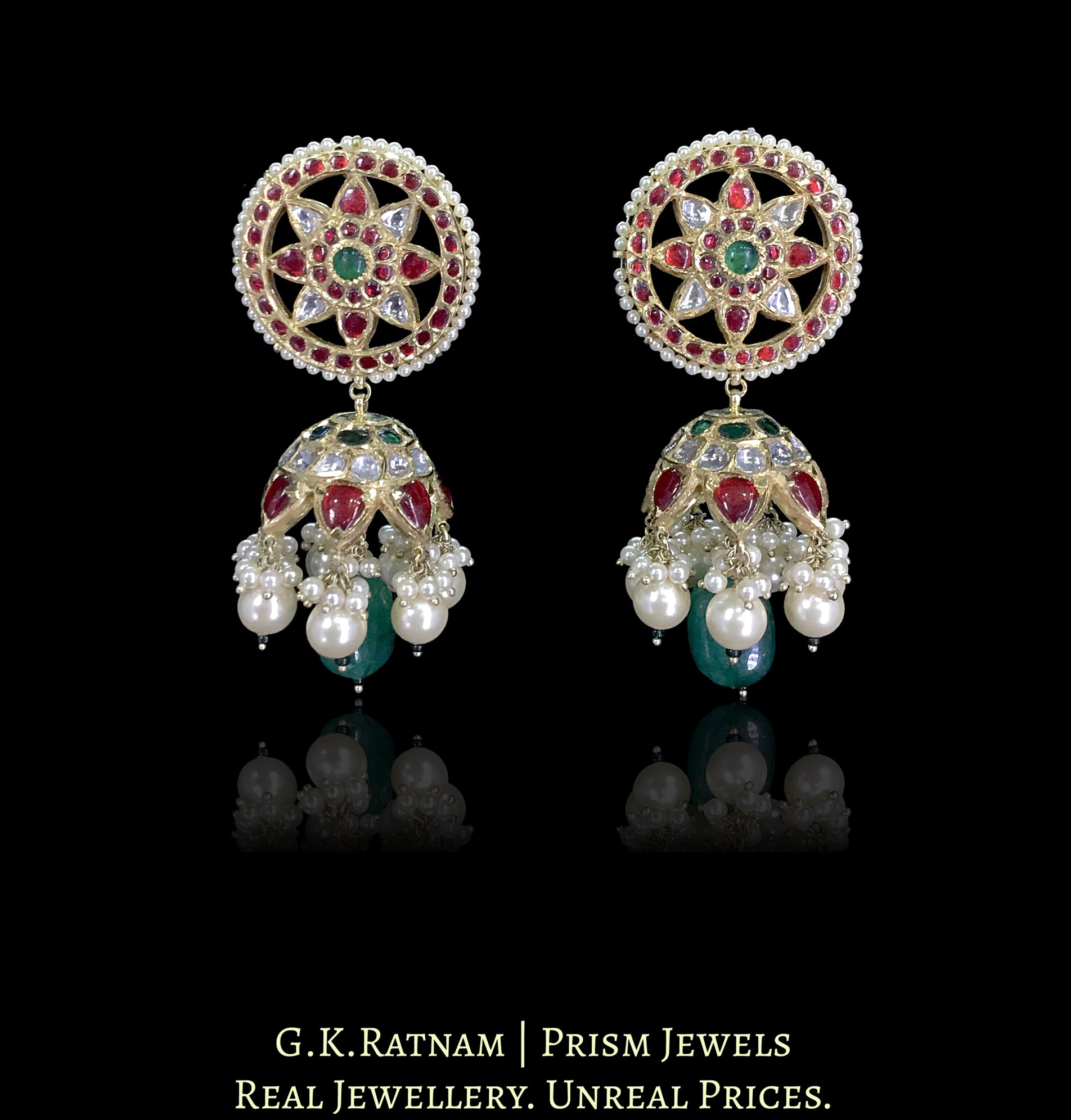 18k Gold and Diamond Polki Karanphool Jhumki Earring Pair with Rubies, Emeralds and Lustrous Pearls