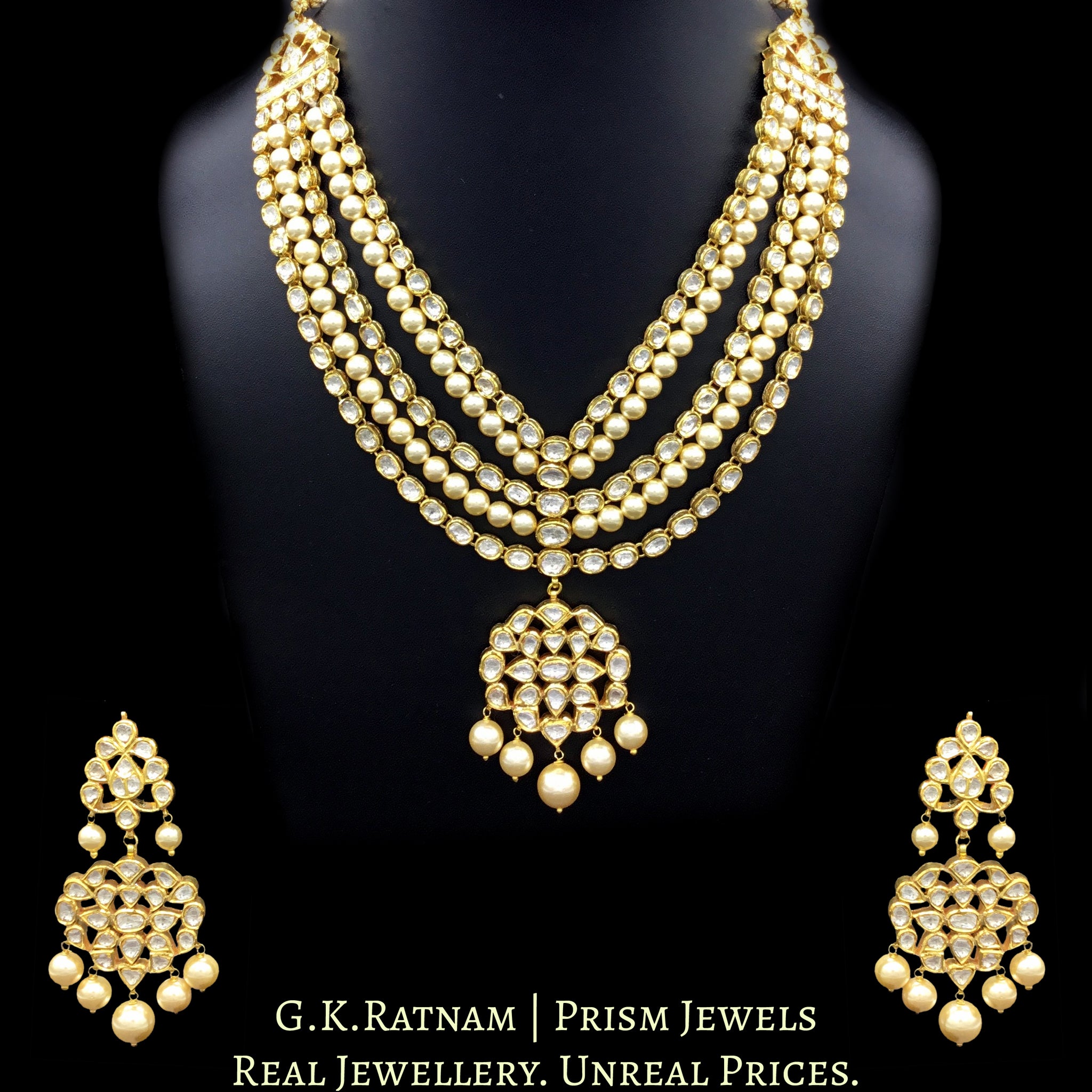 Traditional Gold and DIamond Polki Necklace Set with two lines of pearls interspersed in three lines of uncut diamonds - G. K. Ratnam