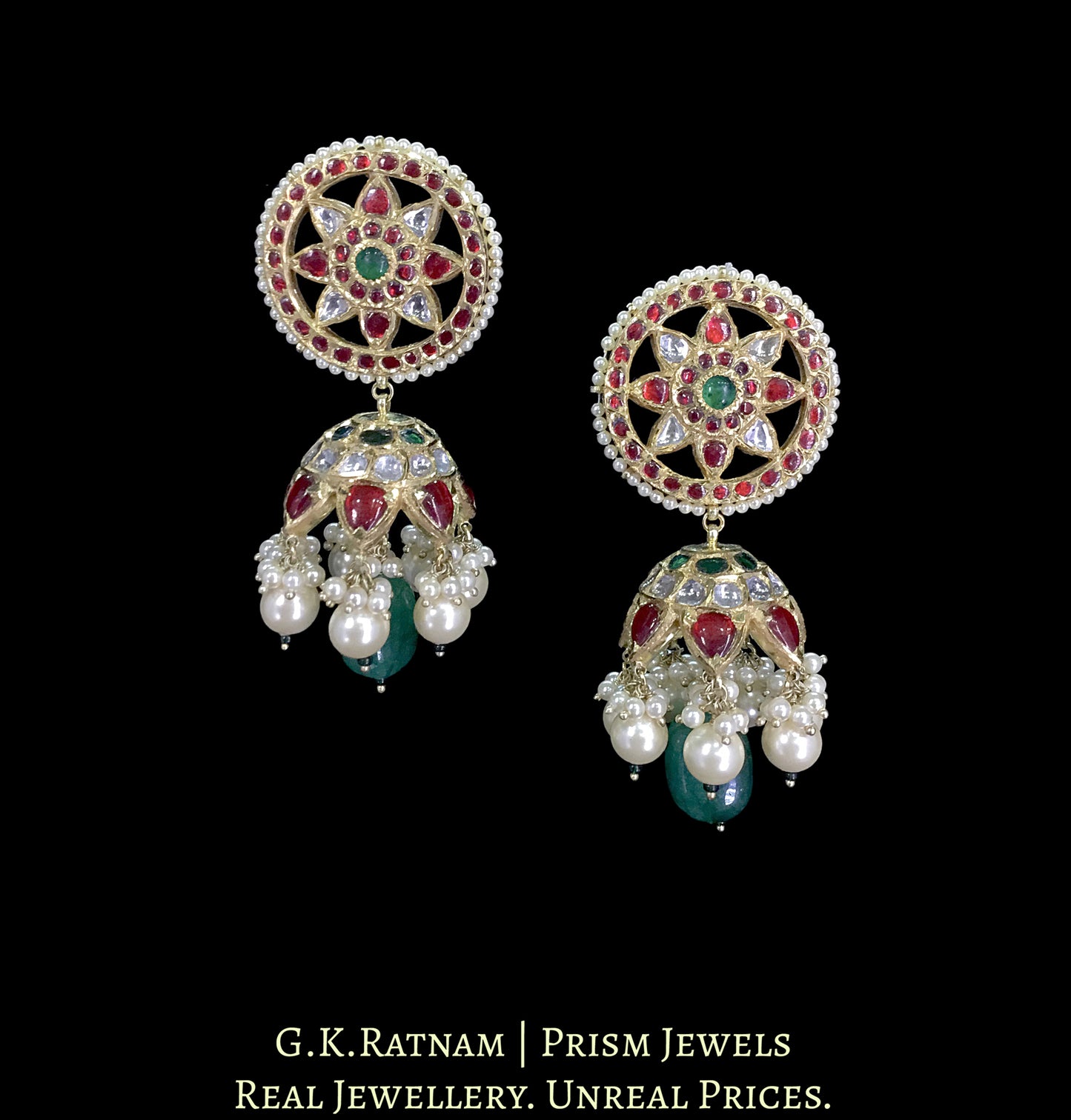 18k Gold and Diamond Polki Karanphool Jhumki Earring Pair with Rubies, Emeralds and Lustrous Pearls