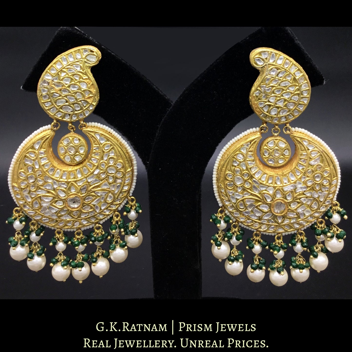23k Gold and Diamond Polki Chand Bali Earring Pair with pearl chandeliers - G. K. Ratnam