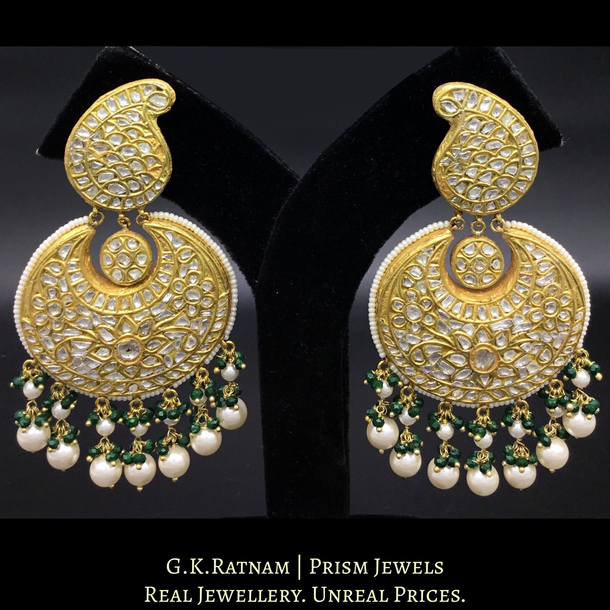 23k Gold and Diamond Polki Chand Bali Earring Pair with pearl chandeliers - G. K. Ratnam