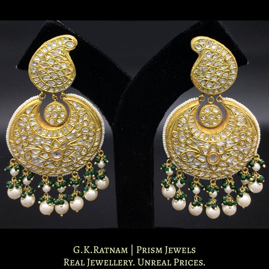 23k Gold and Diamond Polki Chand Bali Earring Pair with pearl chandeliers - G. K. Ratnam