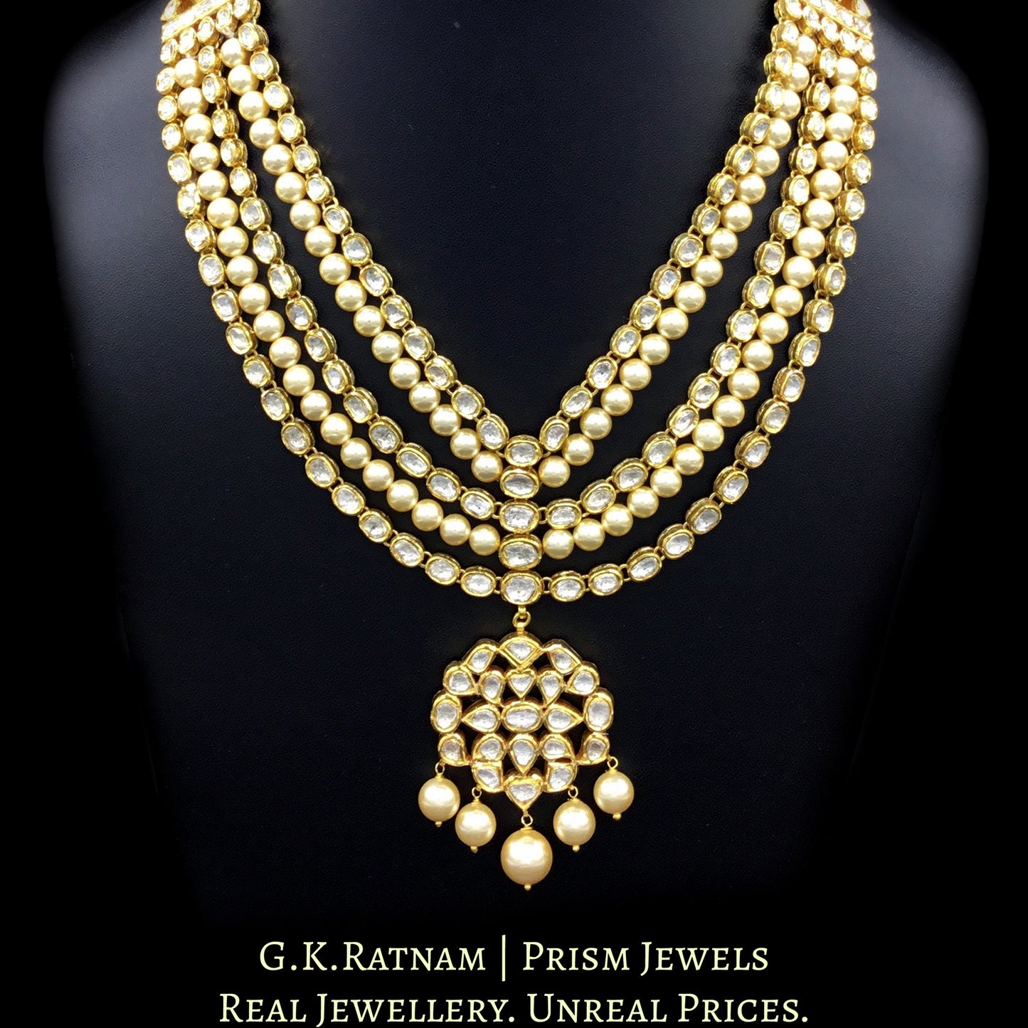 Traditional Gold and DIamond Polki Necklace Set with two lines of pearls interspersed in three lines of uncut diamonds - G. K. Ratnam