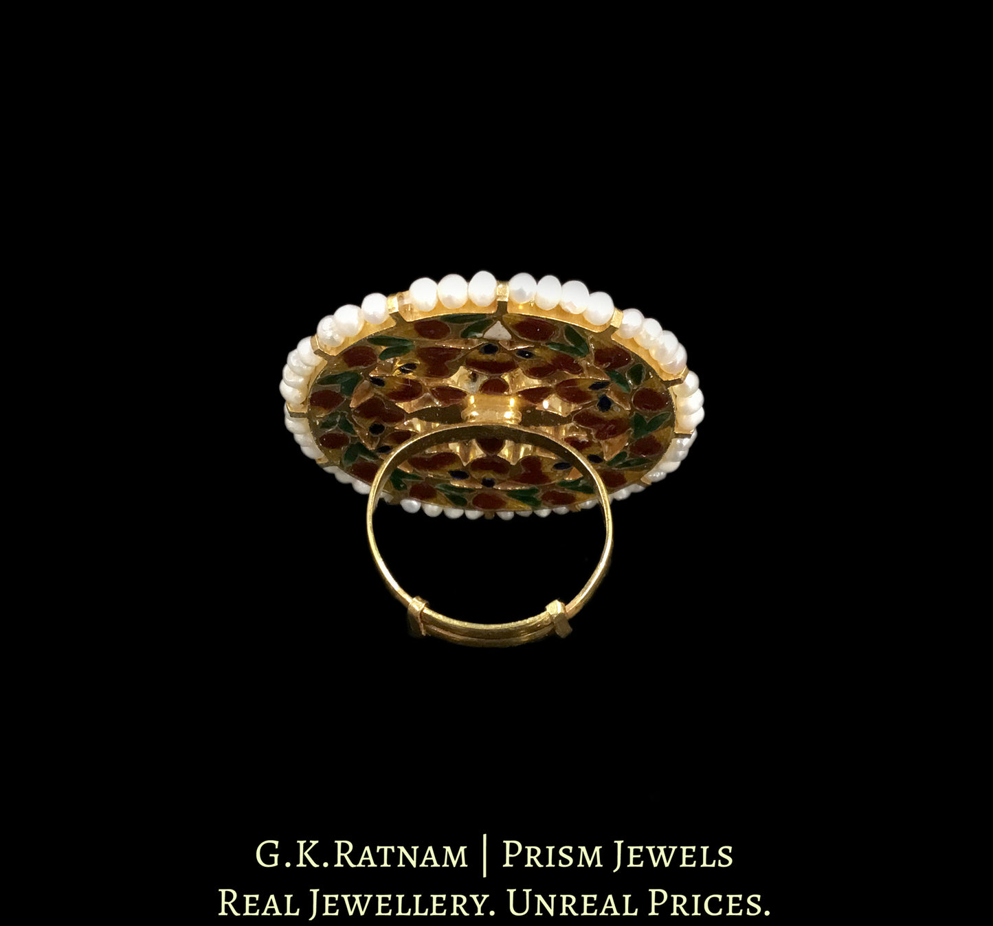 18k Gold and Diamond Polki Cocktail Ring with Hyderabadi Pearls - G. K. Ratnam