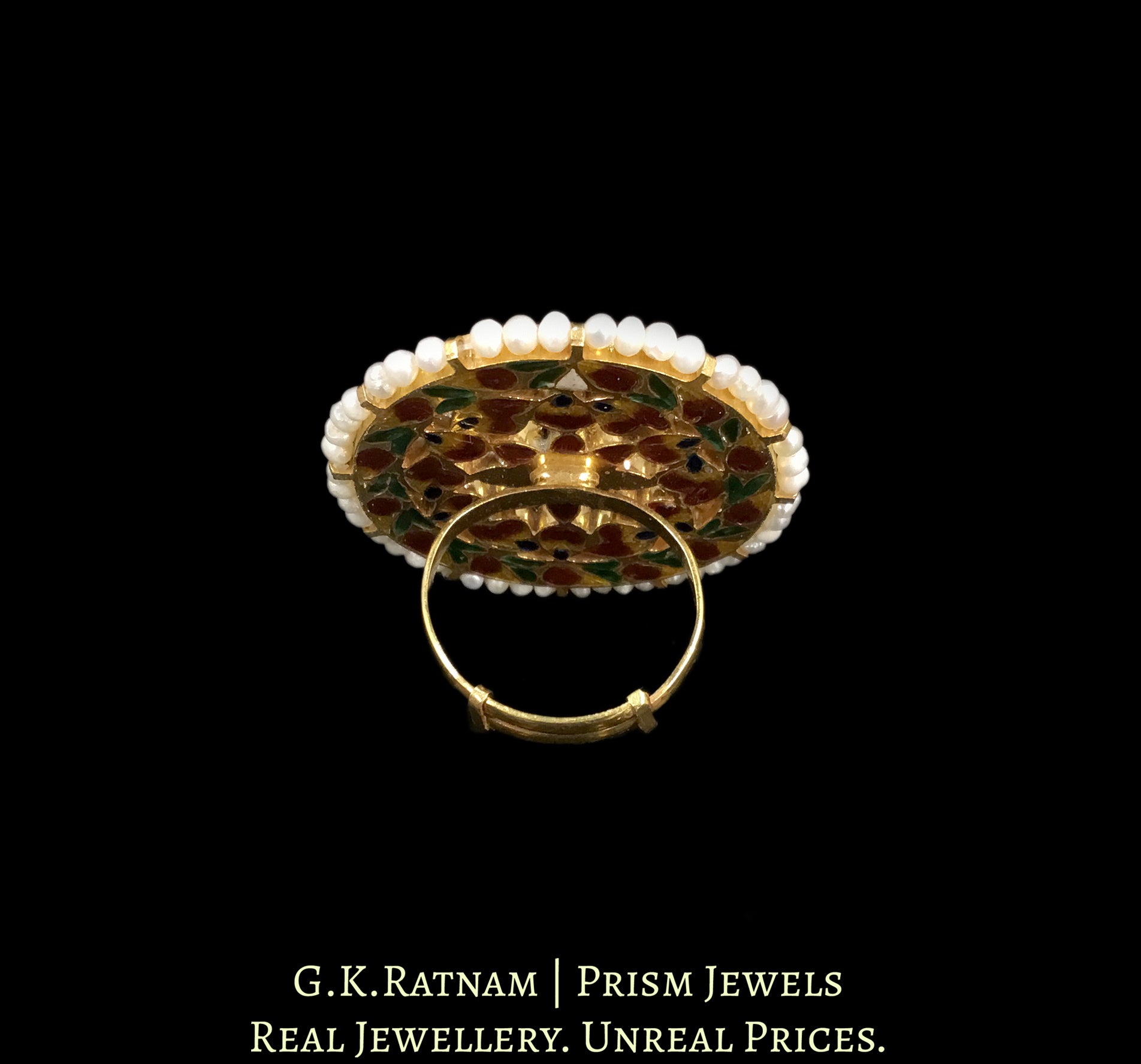 18k Gold and Diamond Polki Cocktail Ring with Hyderabadi Pearls - G. K. Ratnam
