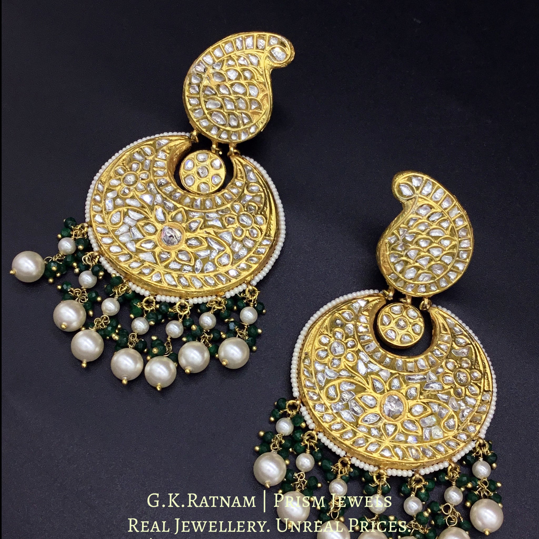 23k Gold and Diamond Polki Chand Bali Earring Pair with pearl chandeliers