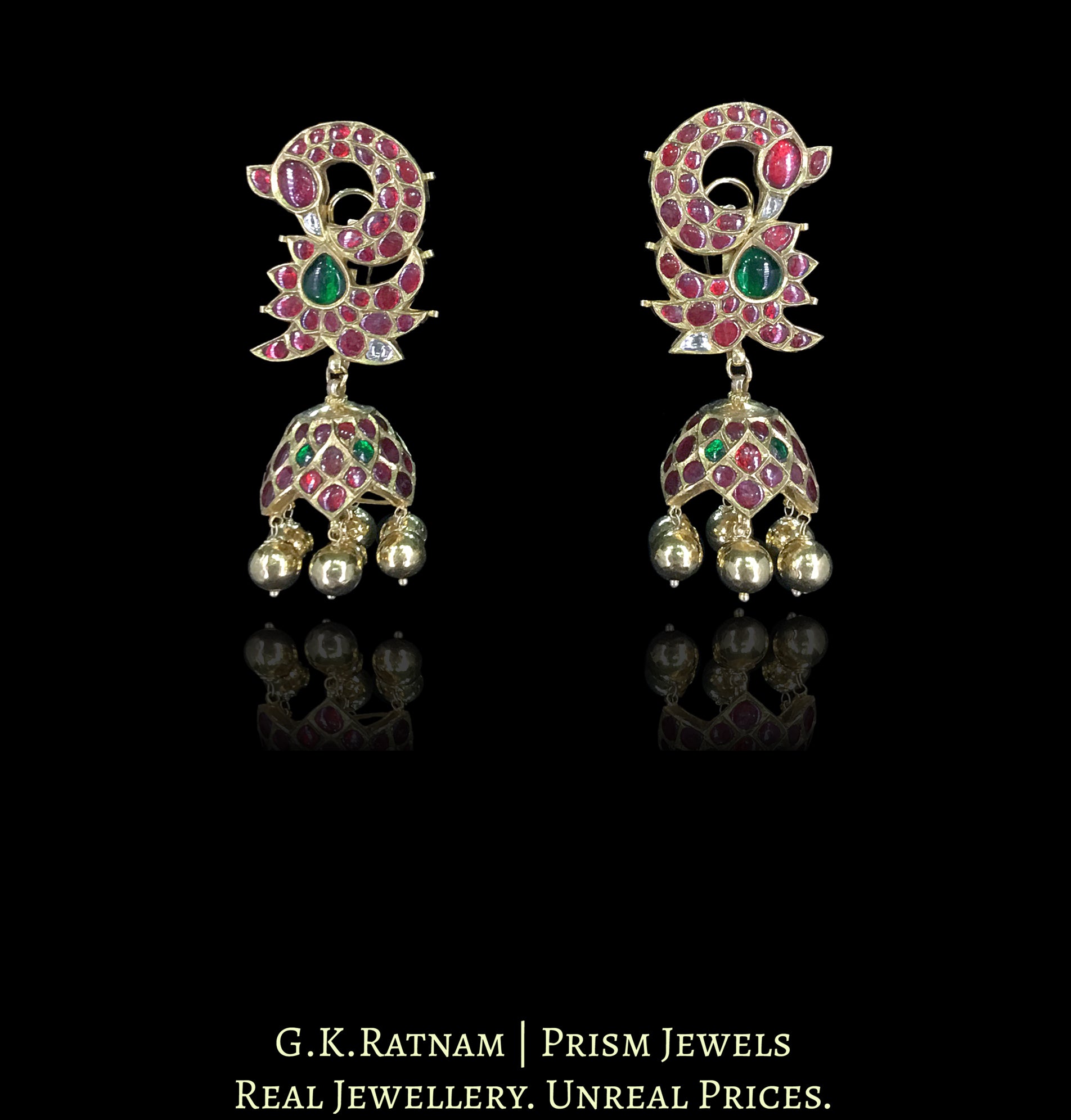 18k Gold and Diamond Polki Karanphool Jhumki Earring Pair with Rubies, Emeralds and Kolhapuri Gold Balls - G. K. Ratnam