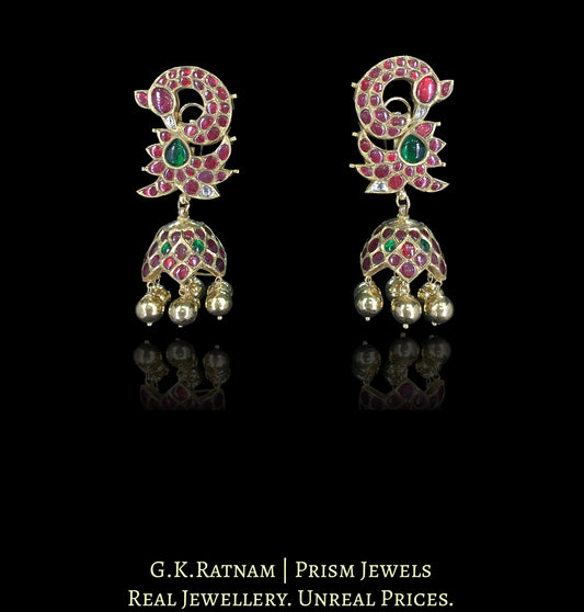 18k Gold and Diamond Polki Karanphool Jhumki Earring Pair with Rubies, Emeralds and Kolhapuri Gold Balls - G. K. Ratnam