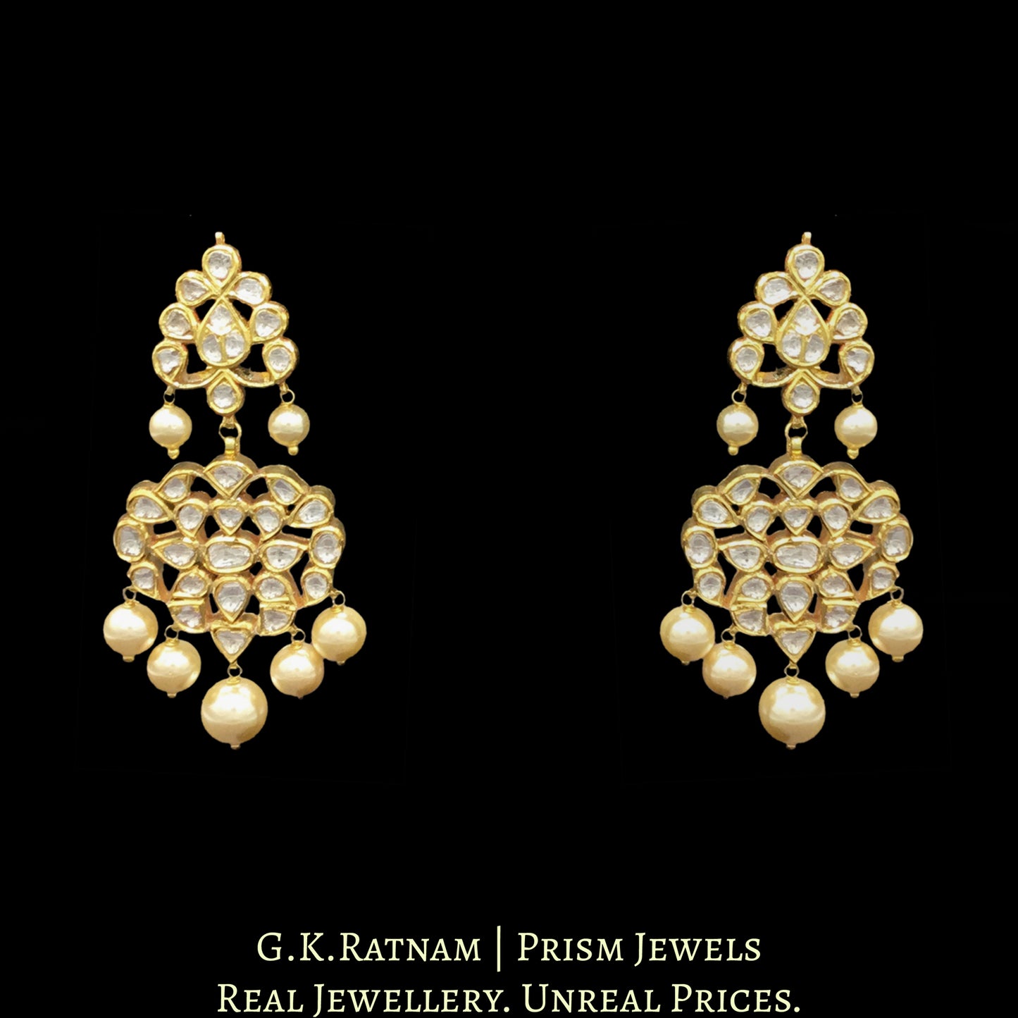 Traditional Gold and DIamond Polki Necklace Set with two lines of pearls interspersed in three lines of uncut diamonds - G. K. Ratnam