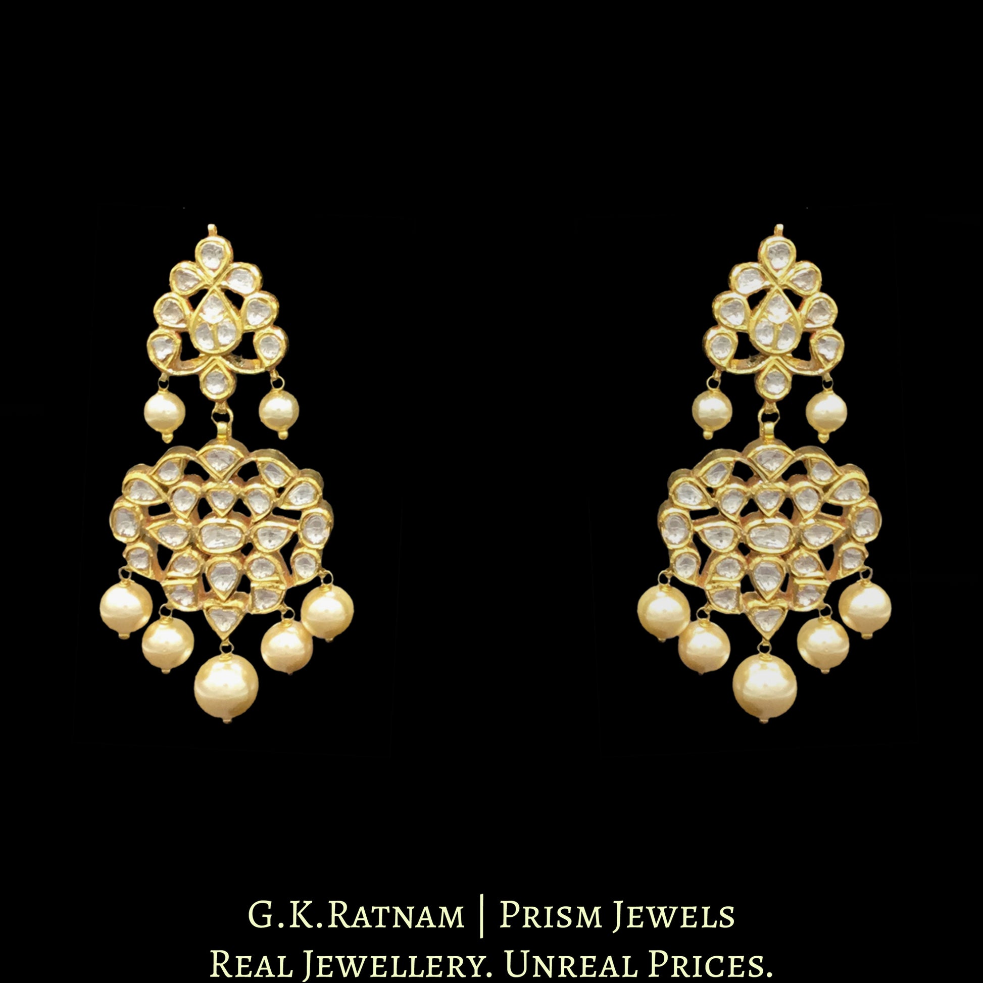 Traditional Gold and DIamond Polki Necklace Set with two lines of pearls interspersed in three lines of uncut diamonds - G. K. Ratnam