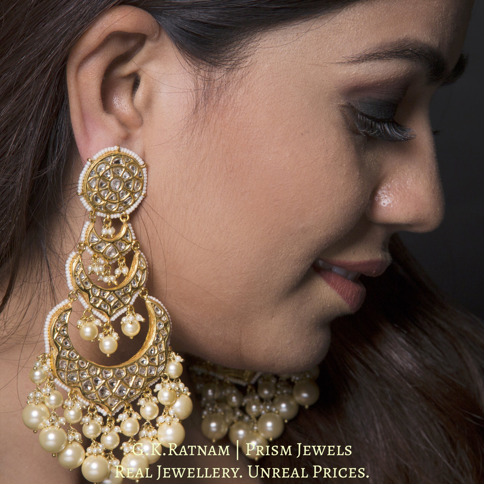 23k Gold and Diamond Polki Long Chand Bali Earring Pair with lustrous south-sea grade shell pearls