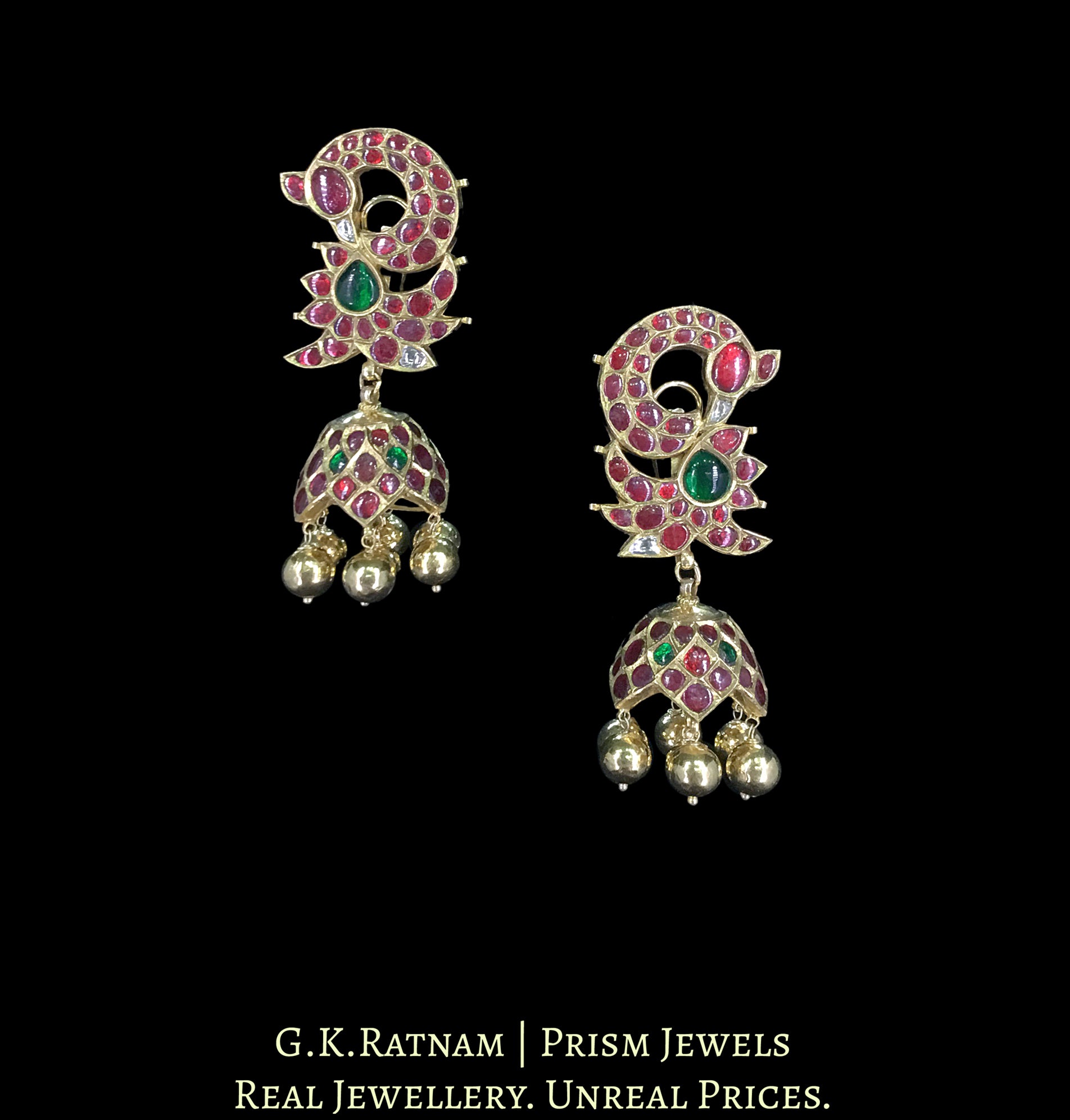 18k Gold and Diamond Polki Karanphool Jhumki Earring Pair with Rubies, Emeralds and Kolhapuri Gold Balls - G. K. Ratnam