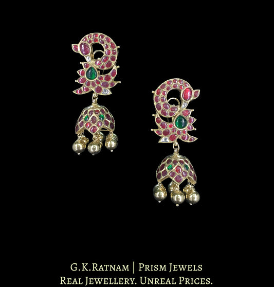 18k Gold and Diamond Polki Karanphool Jhumki Earring Pair with Rubies, Emeralds and Kolhapuri Gold Balls - G. K. Ratnam